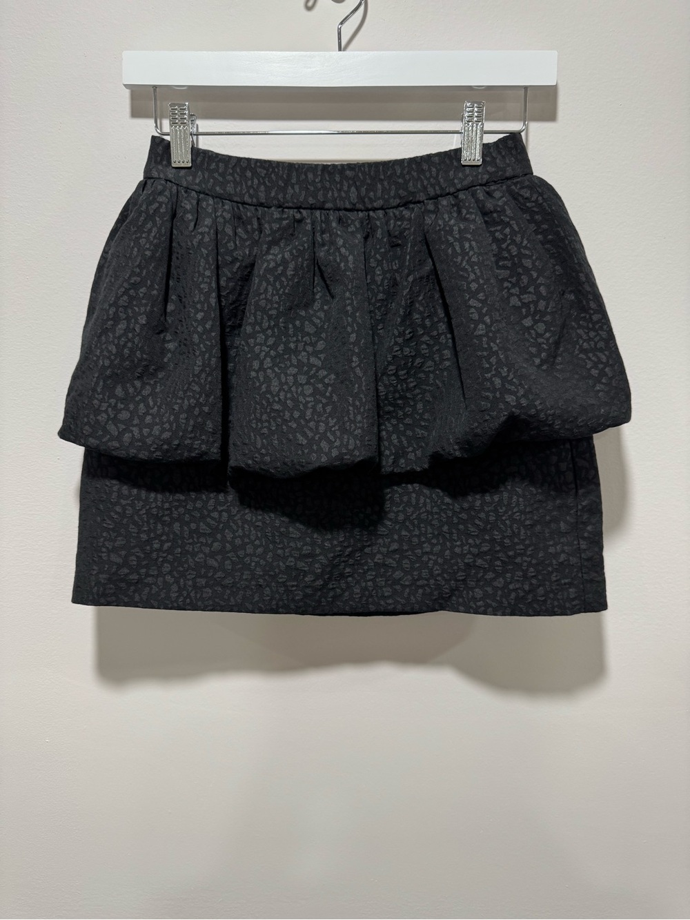 Zara Black Jacquard Mini Skirt Balloon Peplum Layer Textured Leopard Size S